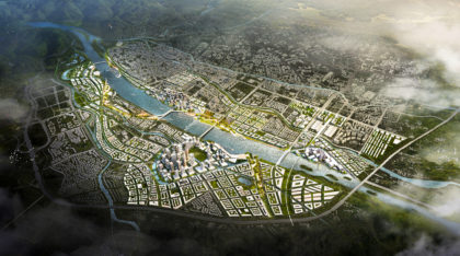 Shanshui city masterplan competition arial visualisation
