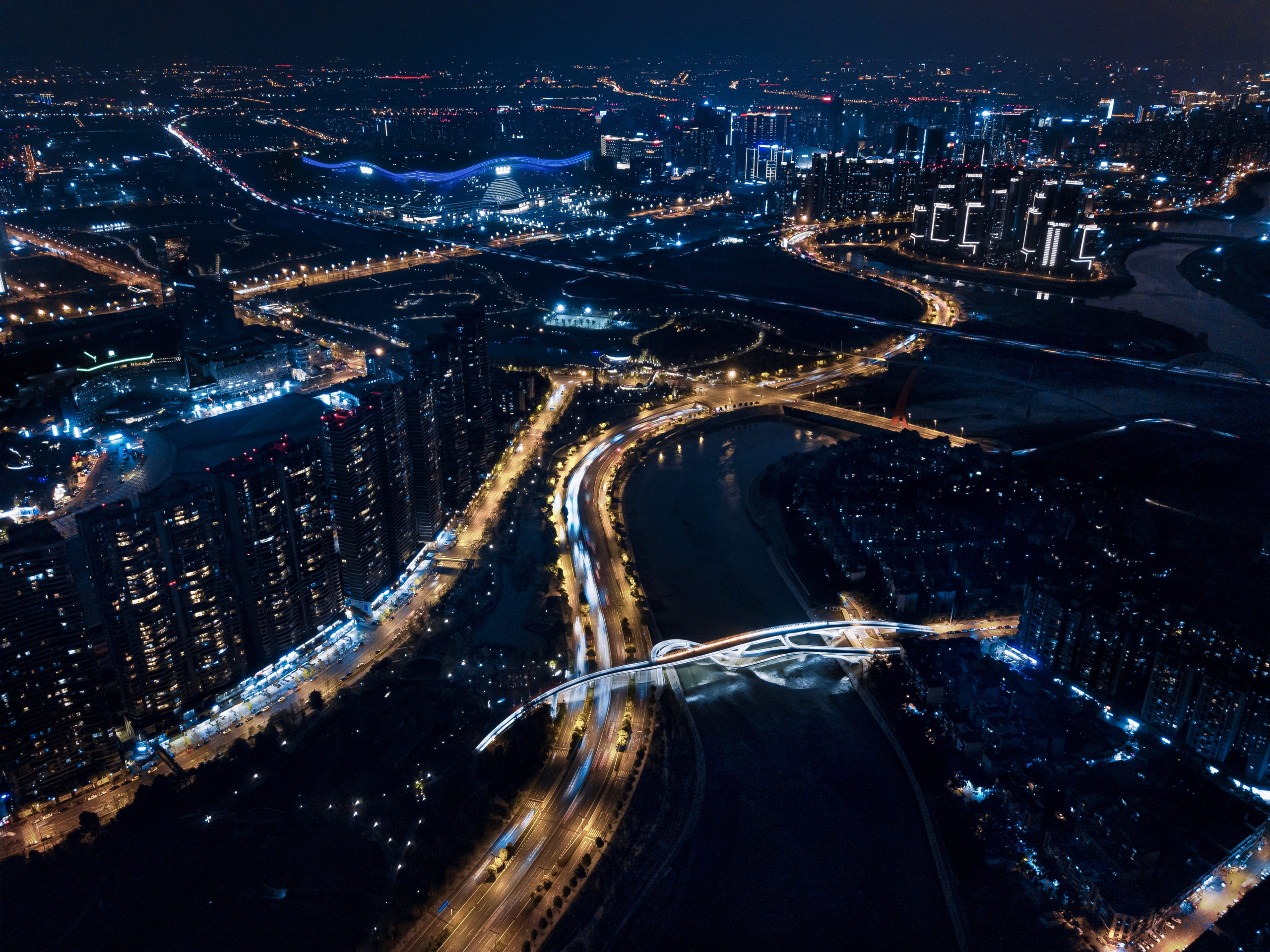 五岔子大橋 Wuchazi Bridge night bird view with city scape